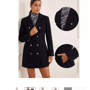 Allegra K Black Double-Breasted Blazer Coat